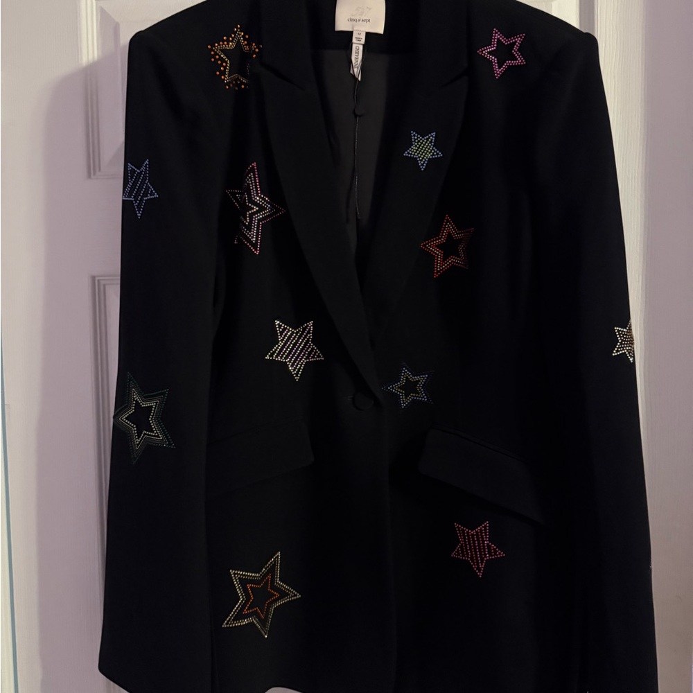 Cinq à Sept Black Blazer with multi - colored Rhinestone Star Embellishments - Picture 9 of 11